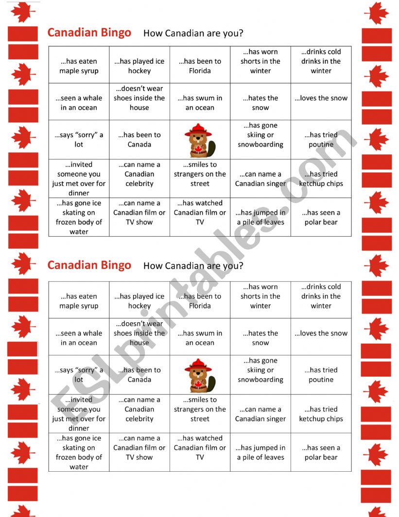 Canadian Bingo worksheet