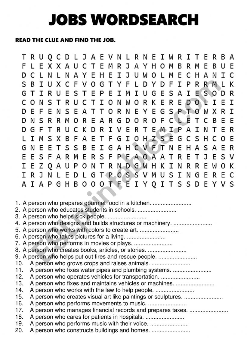 jobs wordsearch worksheet
