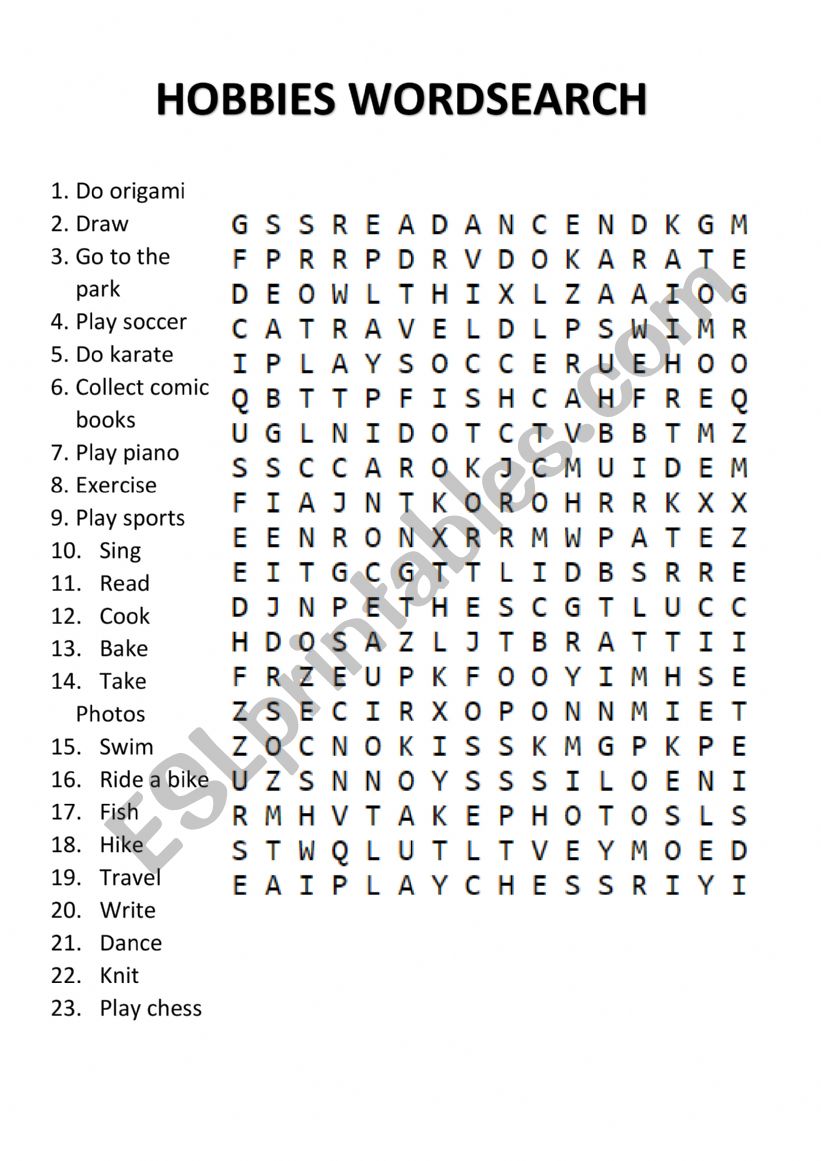 hobbies wordsearch worksheet