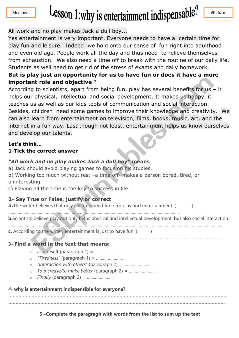 why do we need entertainment worksheet