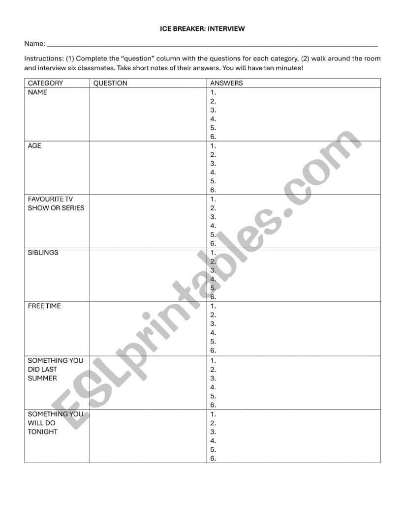 Ice breaker: interview worksheet