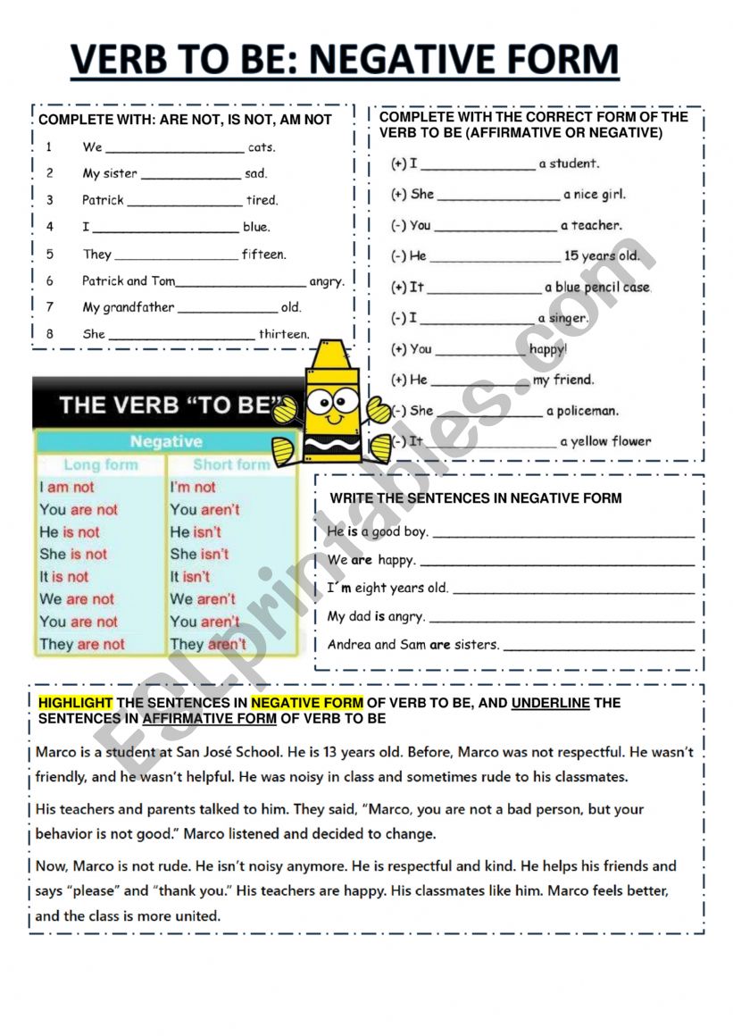 VERB TO BE - NEGATIVE FORM worksheet