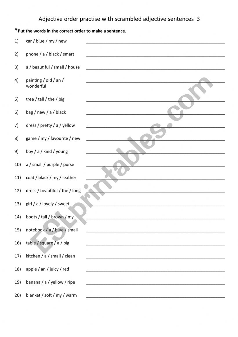 Adjective order practise with scrambled adjective sentences 3