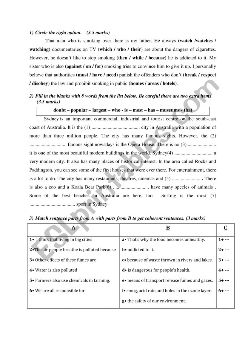the language part of a test for 1st year secondary education
