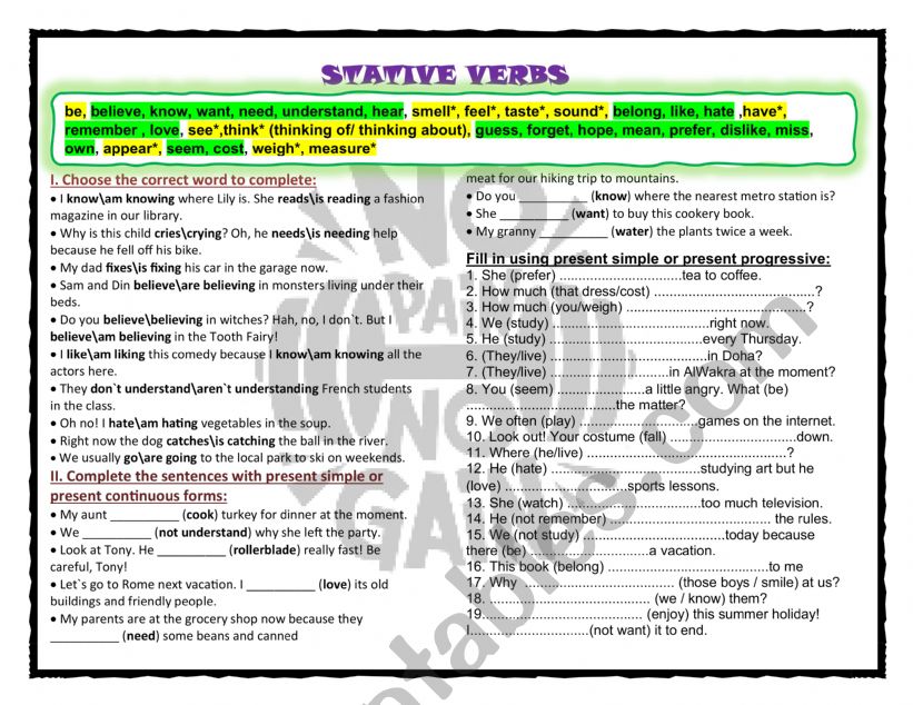 stative verbs worksheet