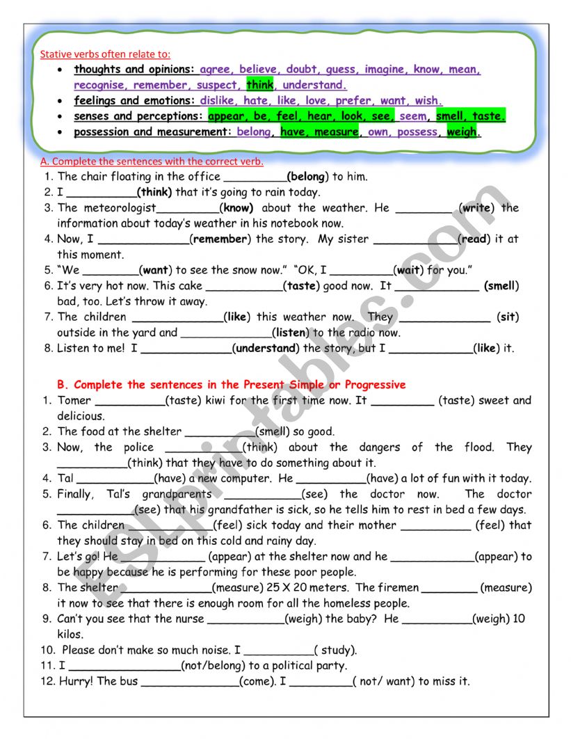 State and action verbs worksheet