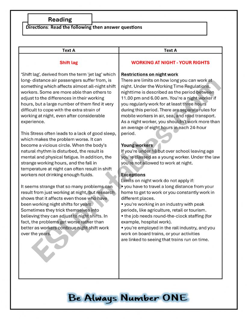 working at night worksheet