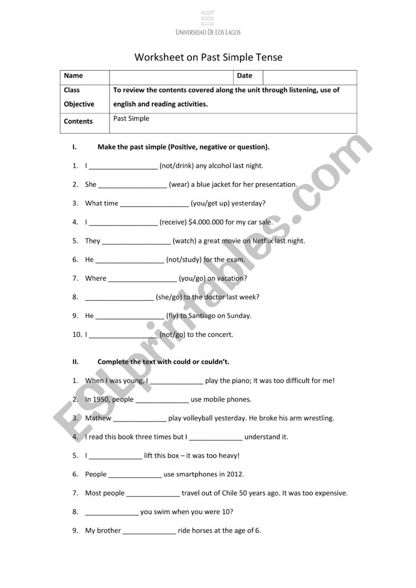 Past Simple Worksheet worksheet