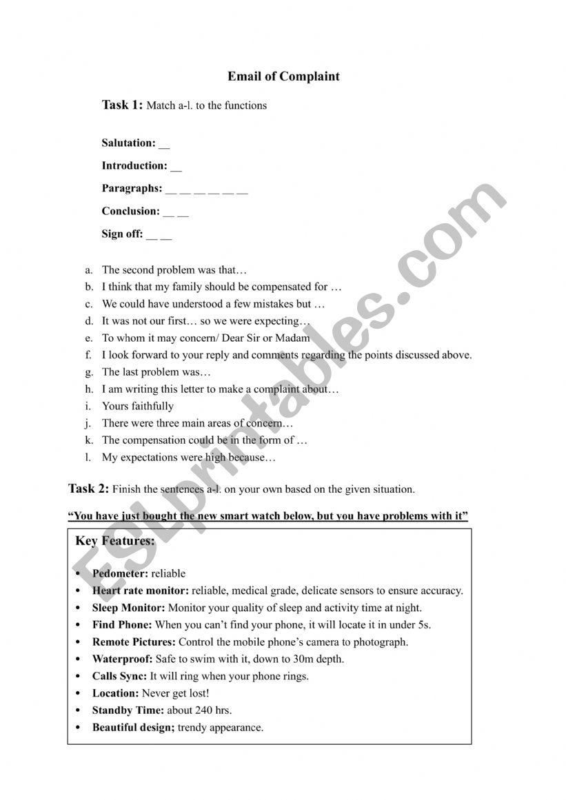 Email of Complaint worksheet