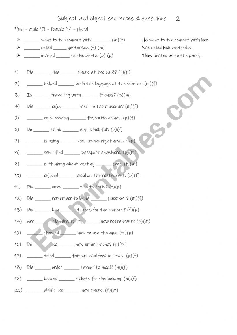 A1 Subject and object sentences & questions 2