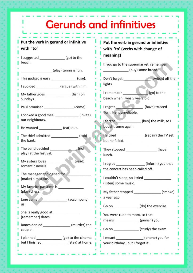 Gerunds and infinitives worksheet