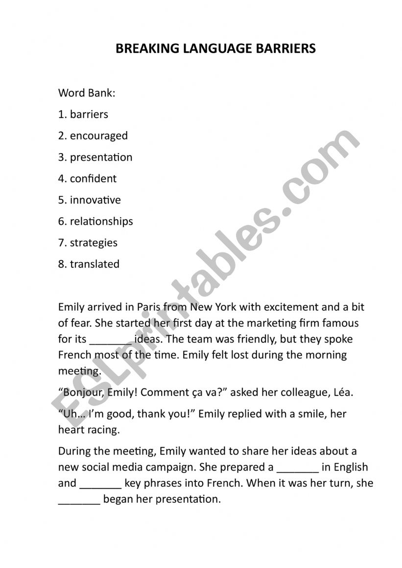 BREAKING LANGUAGE BARRIERS worksheet
