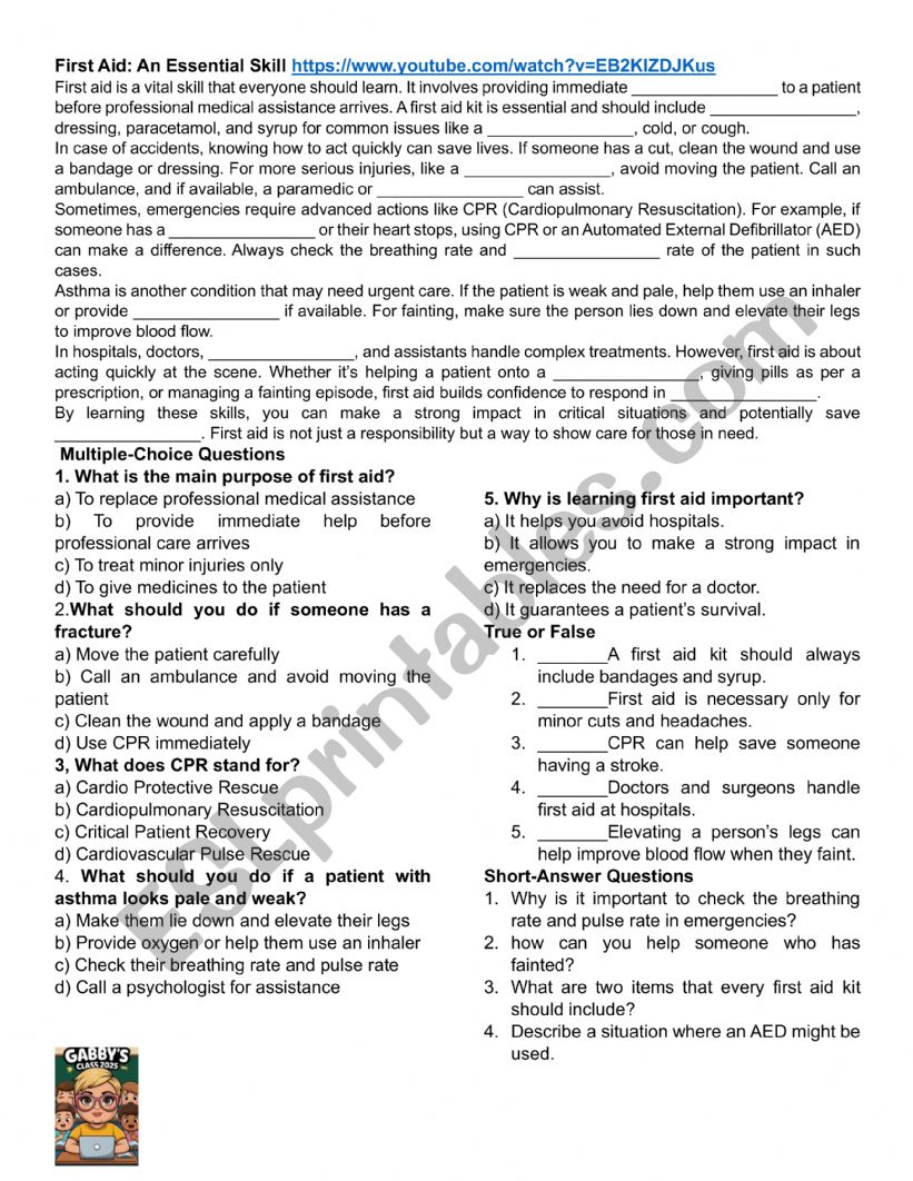 FIRST AID AN ESSENSIAN SKILL worksheet