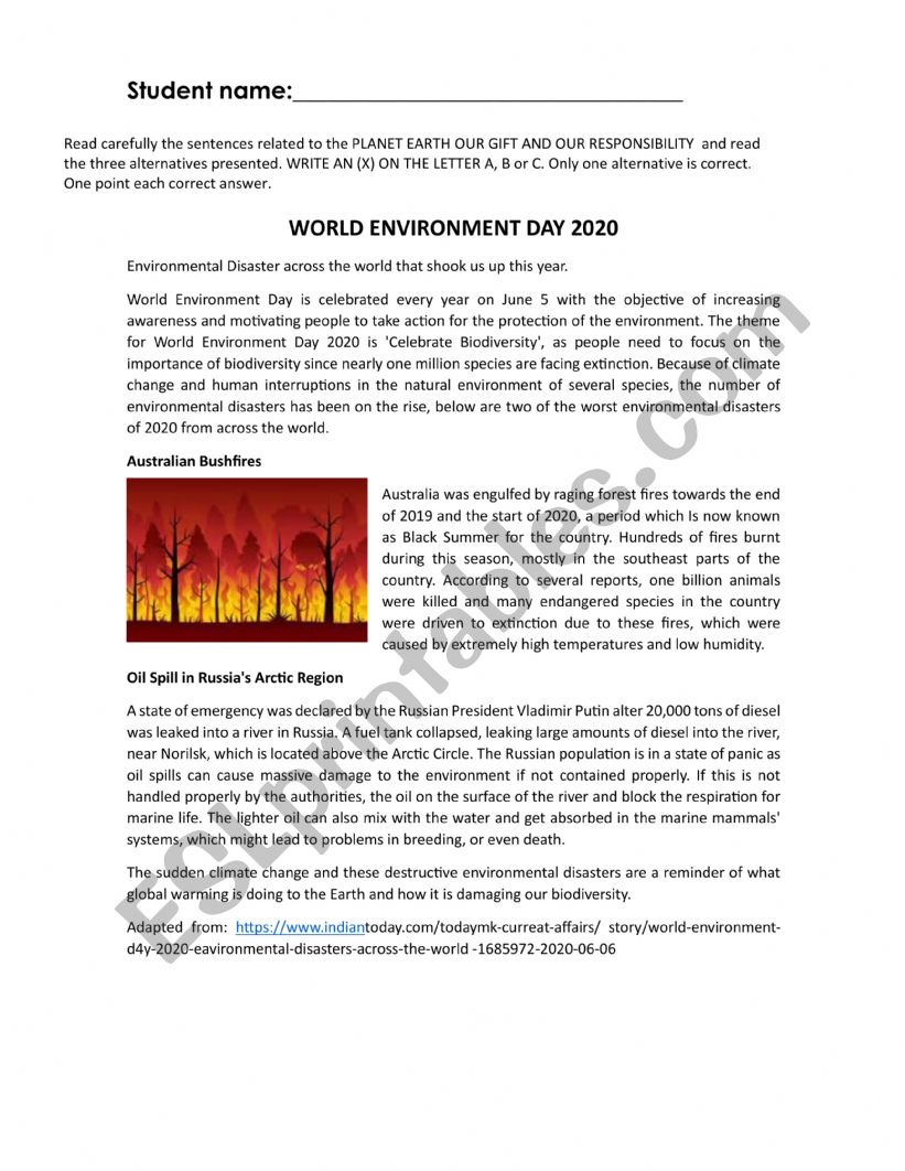 WORLD ENVIRONMENT DAY 2020 worksheet