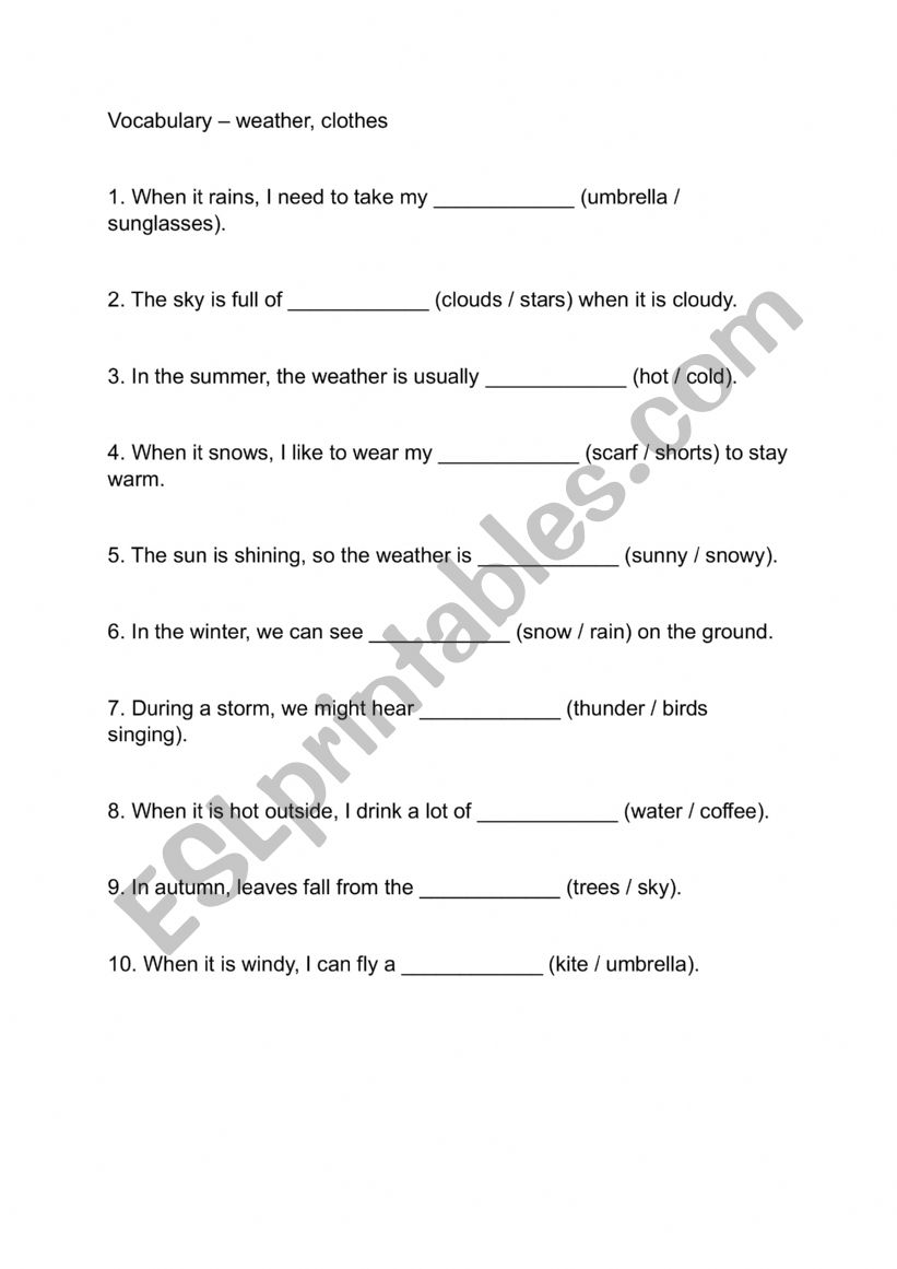 Vocabulary-weather,clothes worksheet