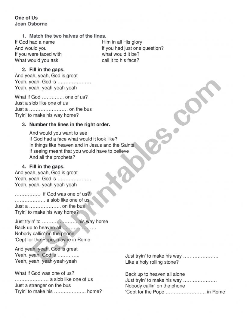 One Of Us - Lyrics worksheet worksheet
