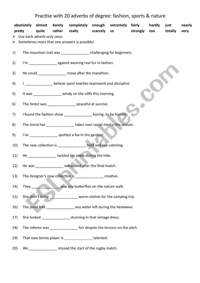 A2-B1 Practise with 20 adverbs of degree fashion, sports & nature
