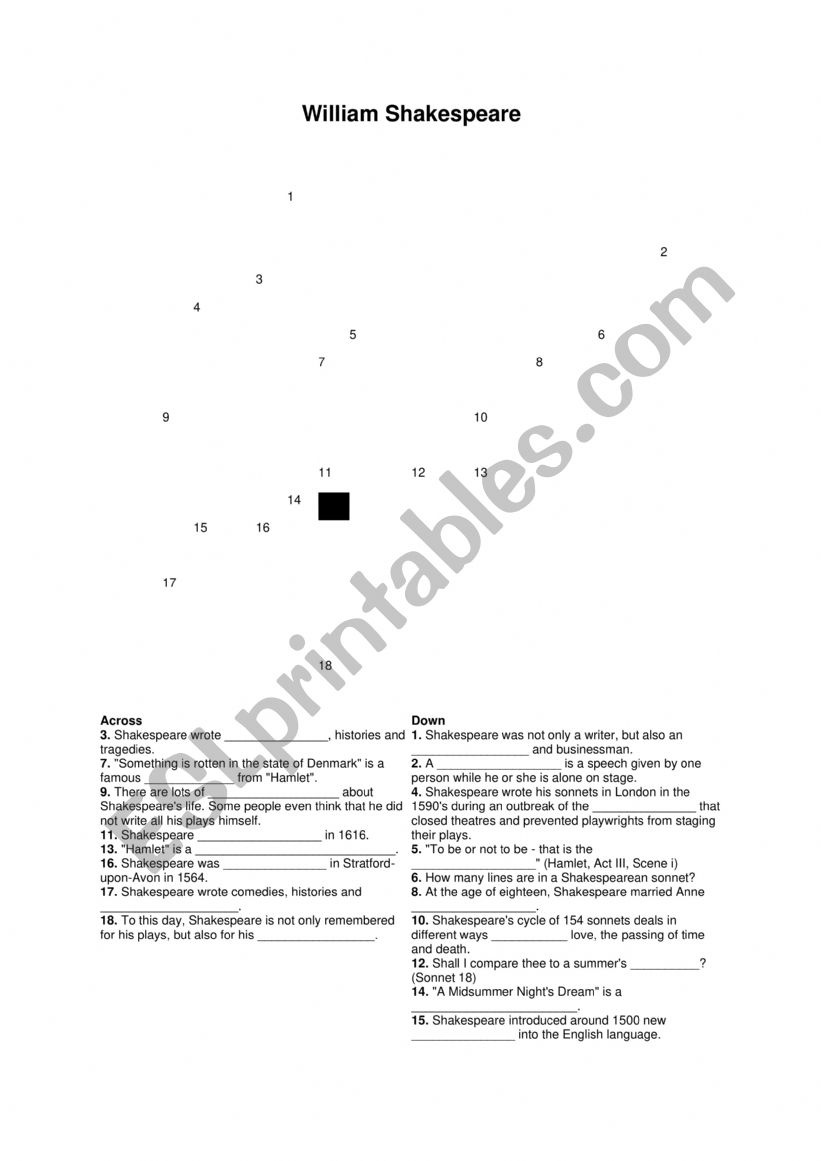 William Shakespeare - Crossword Puzzle for intermediate or advanced students 