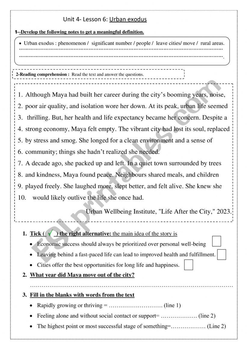 Urban exodus 4th form worksheet