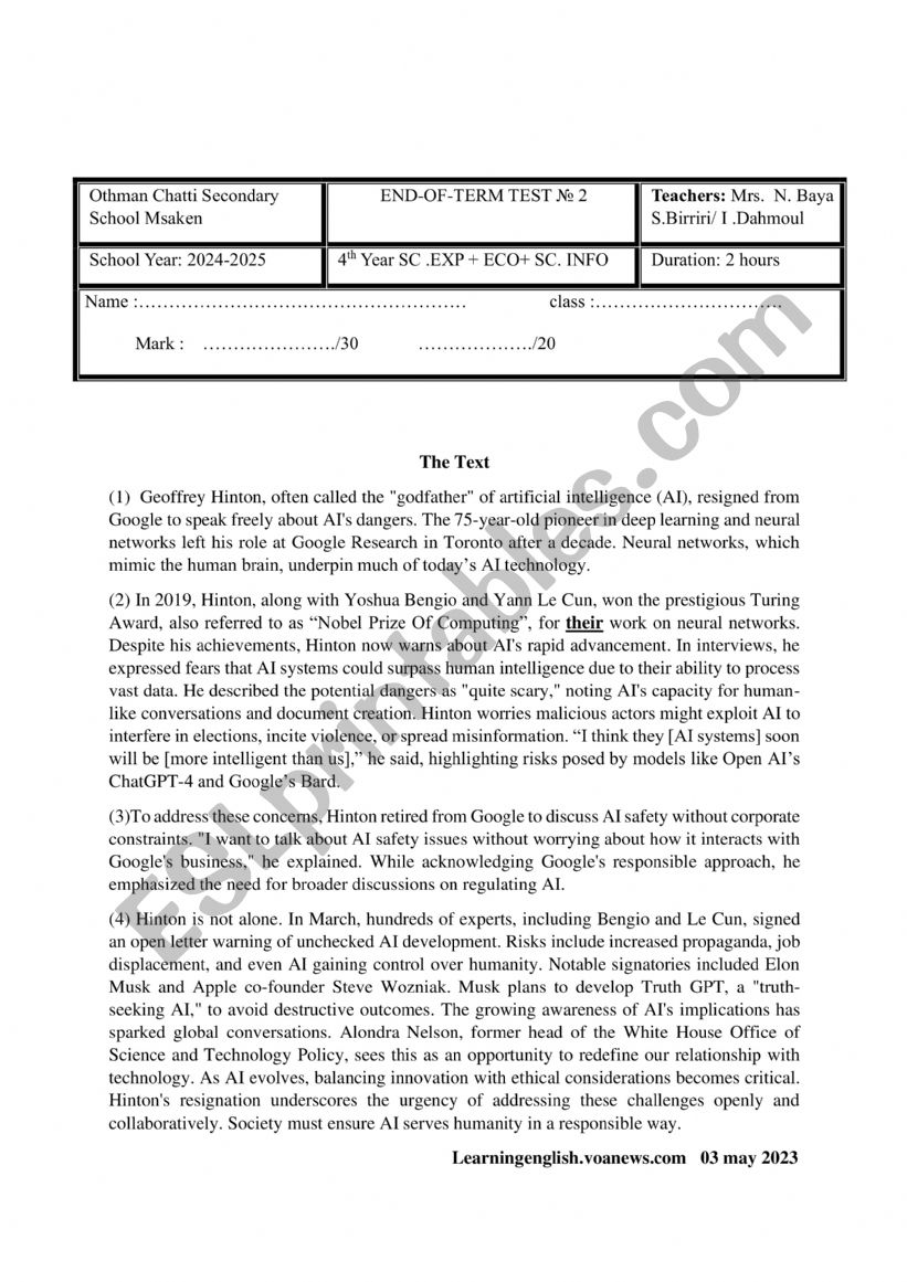 End- of -Term test N 2 worksheet