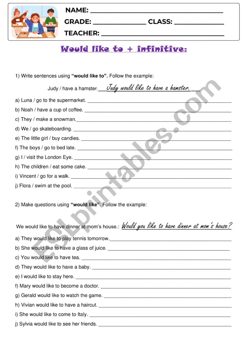 Would like to + infinitive worksheet