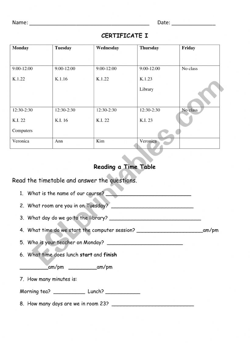 Reading a Timetable worksheet