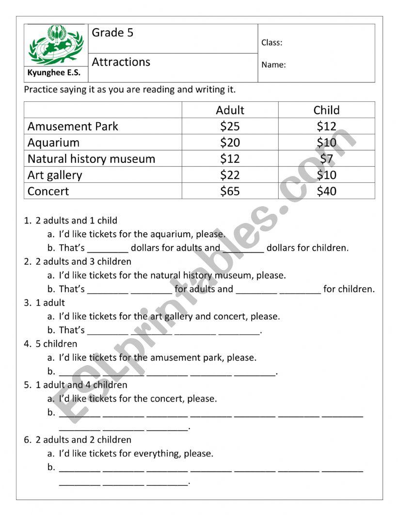 Attractions and admissions worksheet