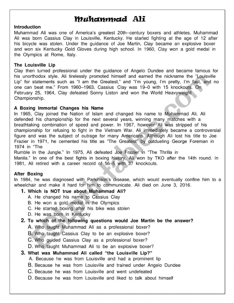 Muhammad  Ali   worksheet