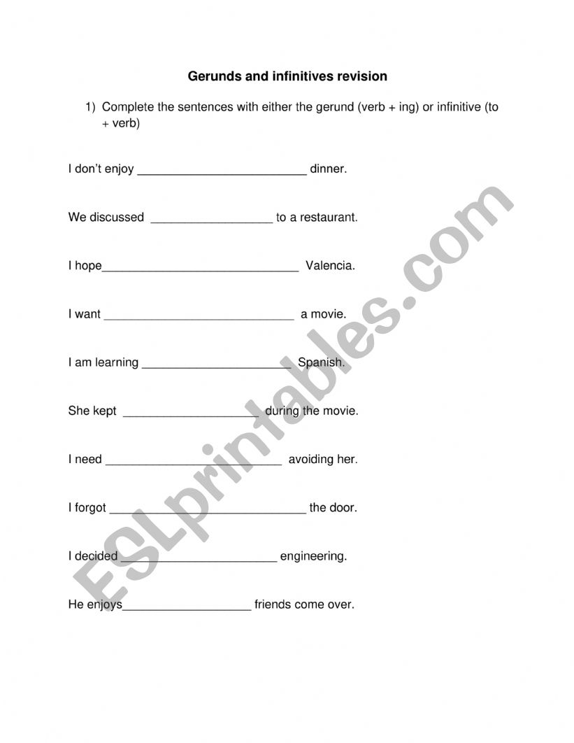 Gerunds and Inifnitives worksheet