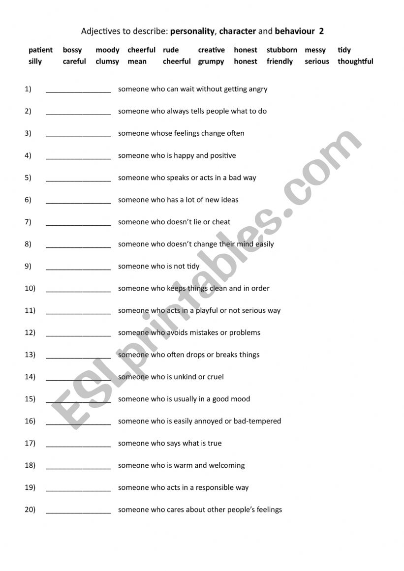 A2-B1 Adjectives to describe personality, character and behaviour 2