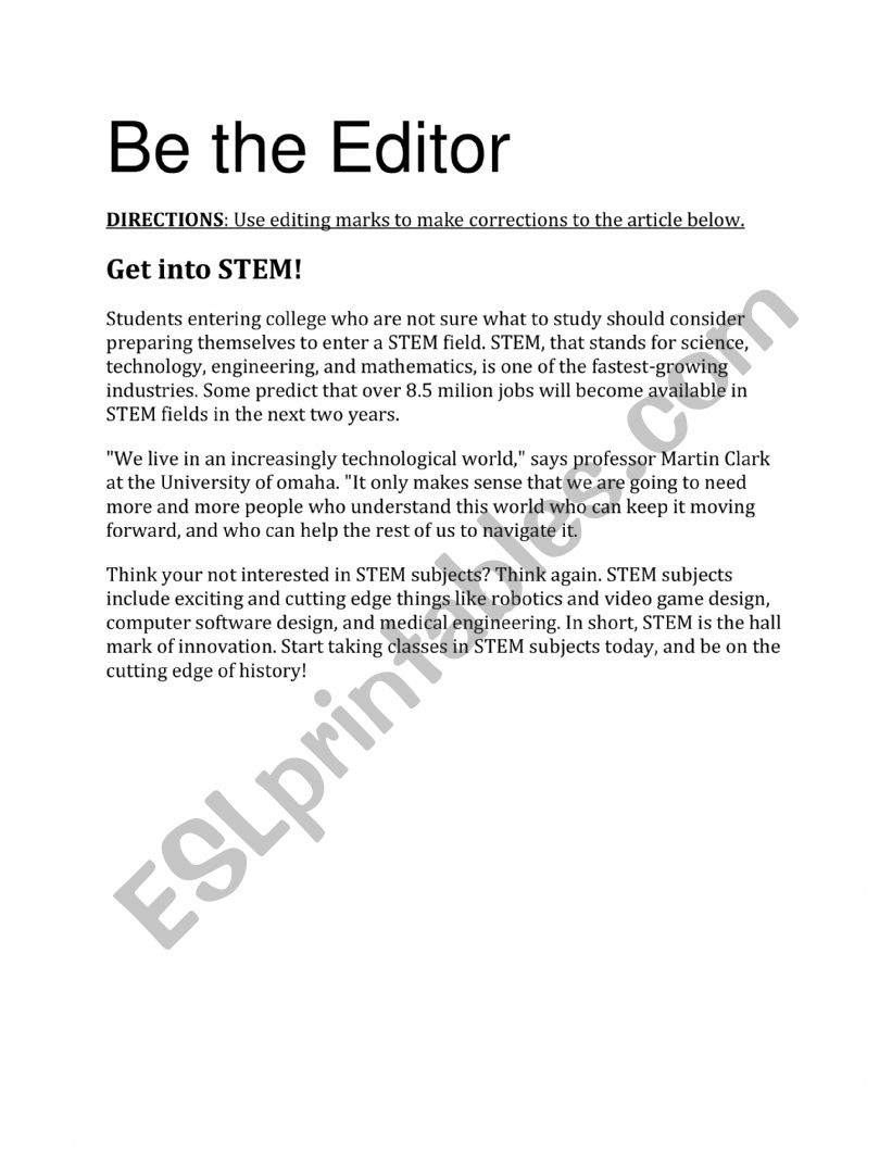 Be the Editor worksheet