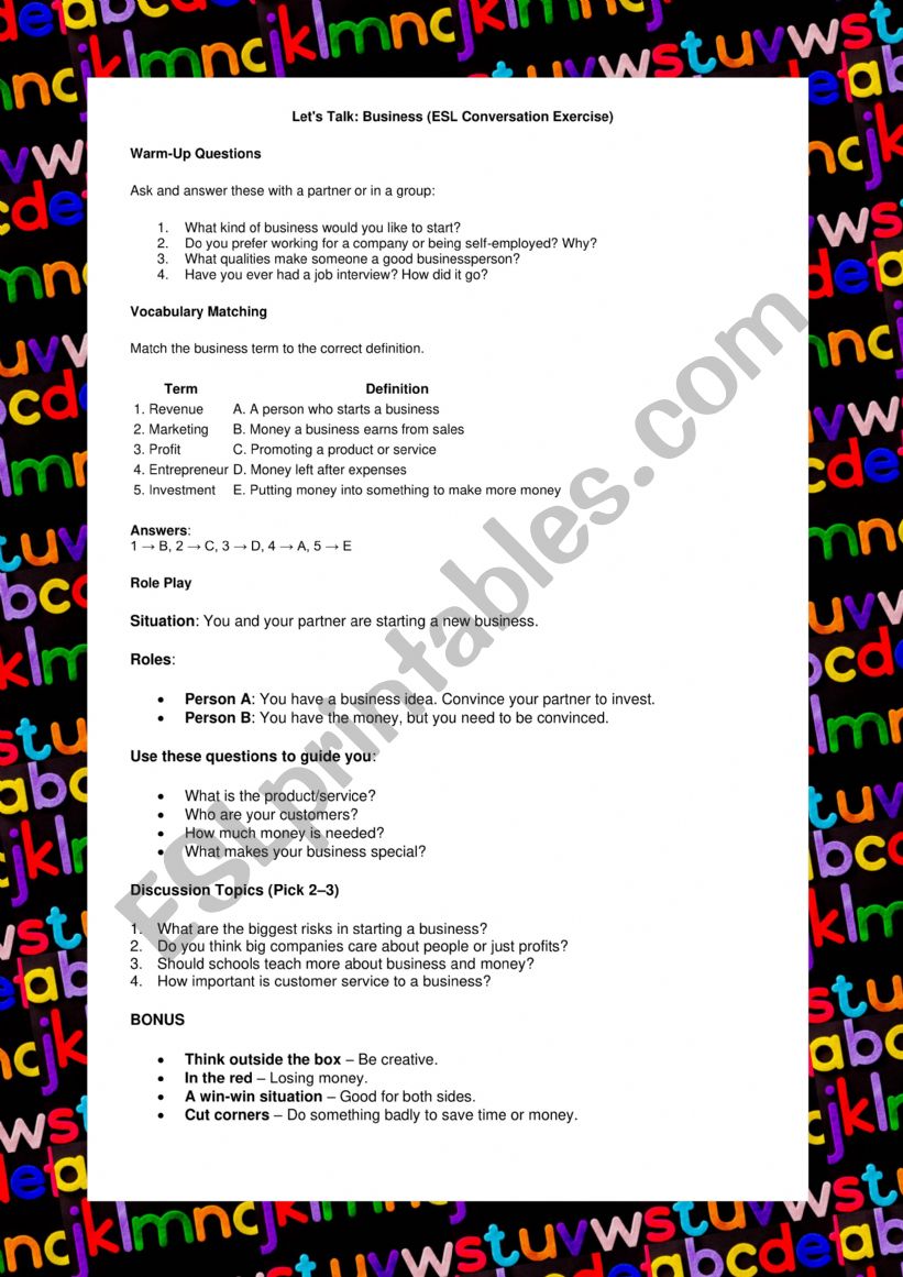 LETS TALK ABOUT BUSINESS worksheet