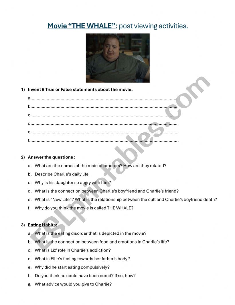 MOVIE THE WHALE worksheet