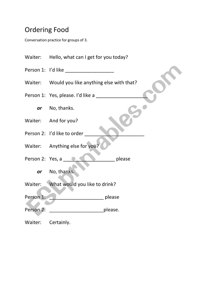 Oredering Food from a Menu worksheet