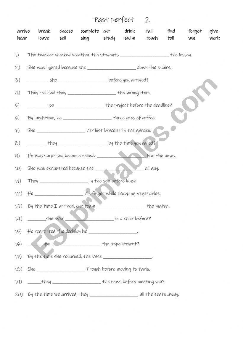 Past perfect 2 worksheet