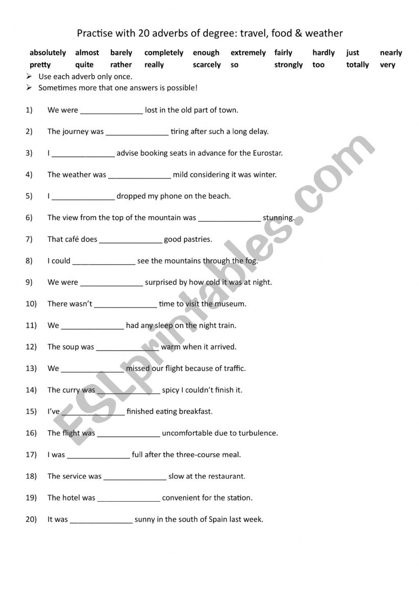 A2-B1 Practise with 20 adverbs of degree travel, food & weather