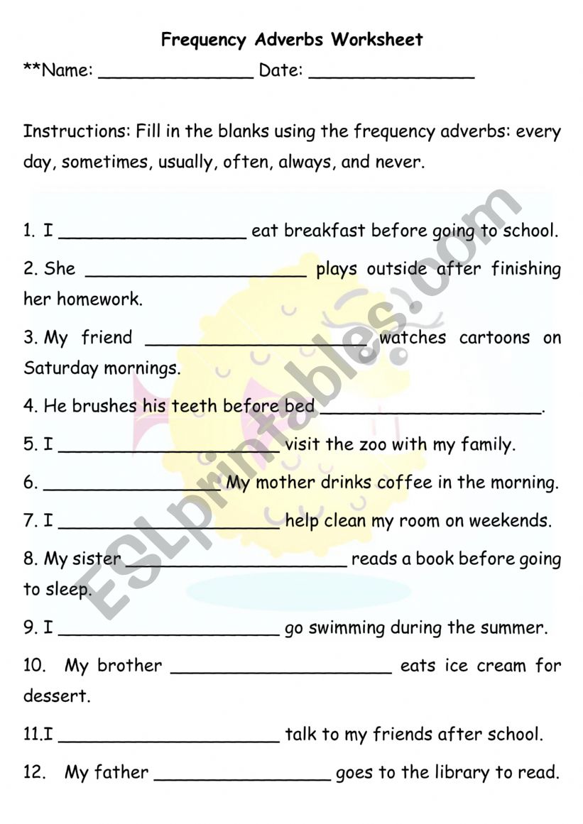 Frequency Adverbs Worksheet worksheet