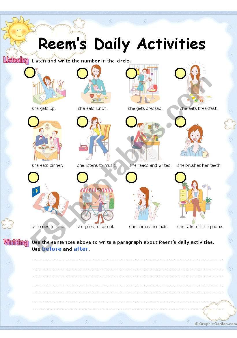 Reem´s Daily Activities (4 skills - literacy practice  in 2 pages)