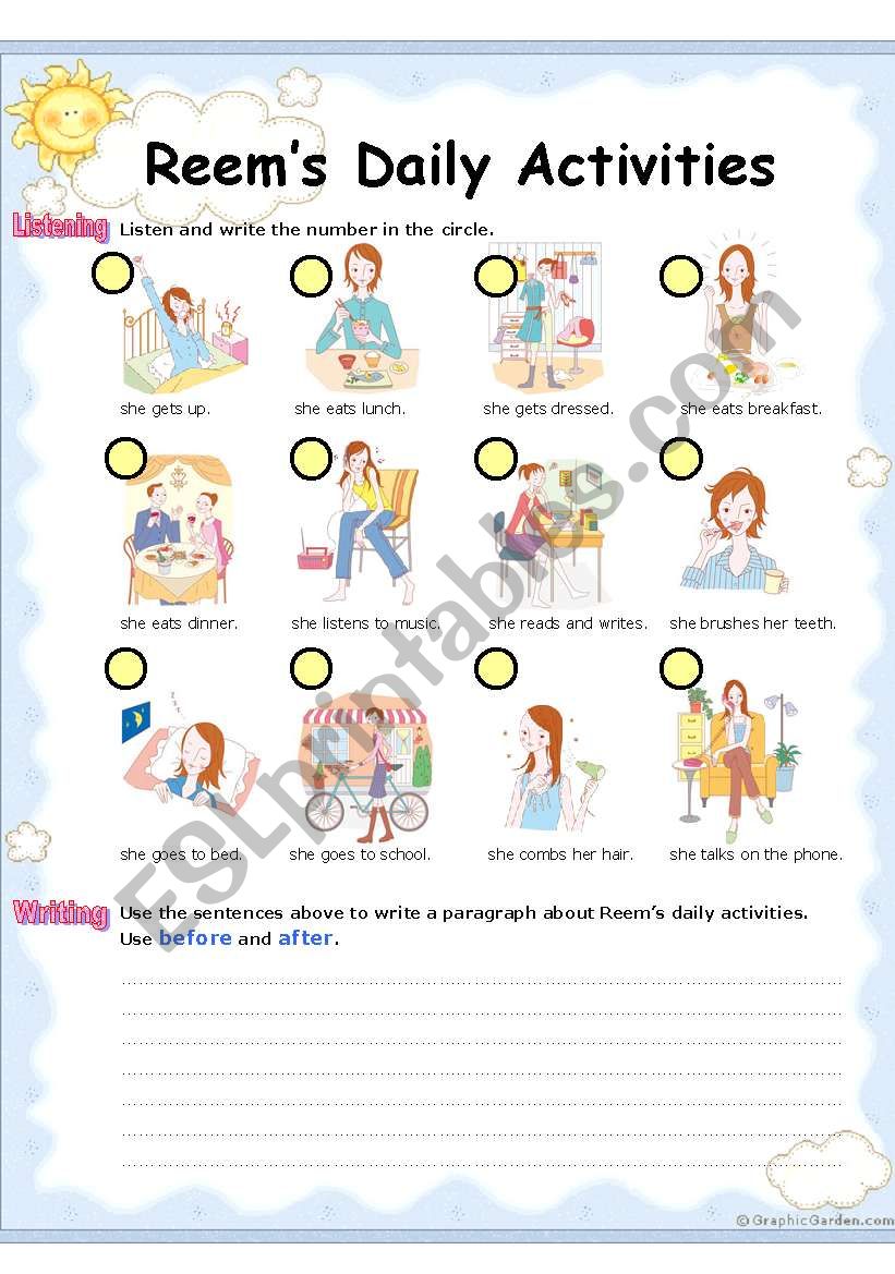 ReemÂ´s Daily Activities (4 skills - literacy practice  in 2 pages)