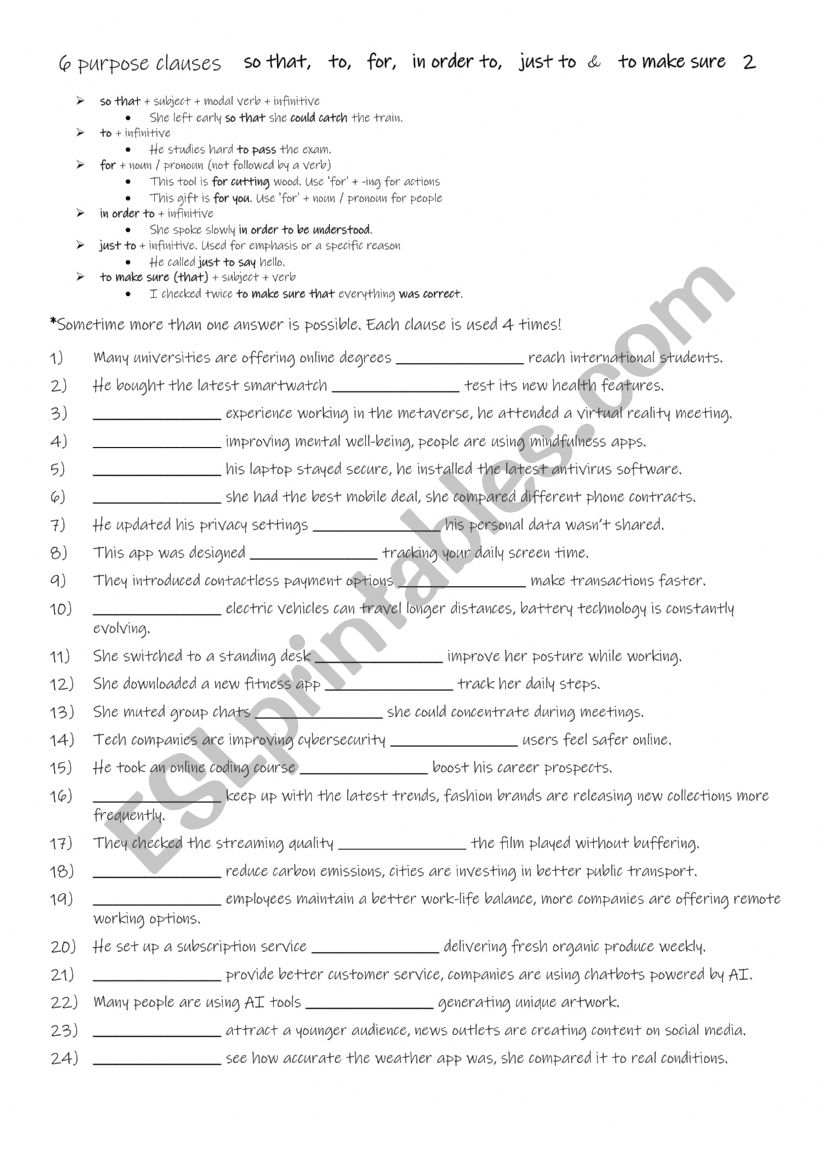 A2+-B1 6 clauses of purpose 2 worksheet