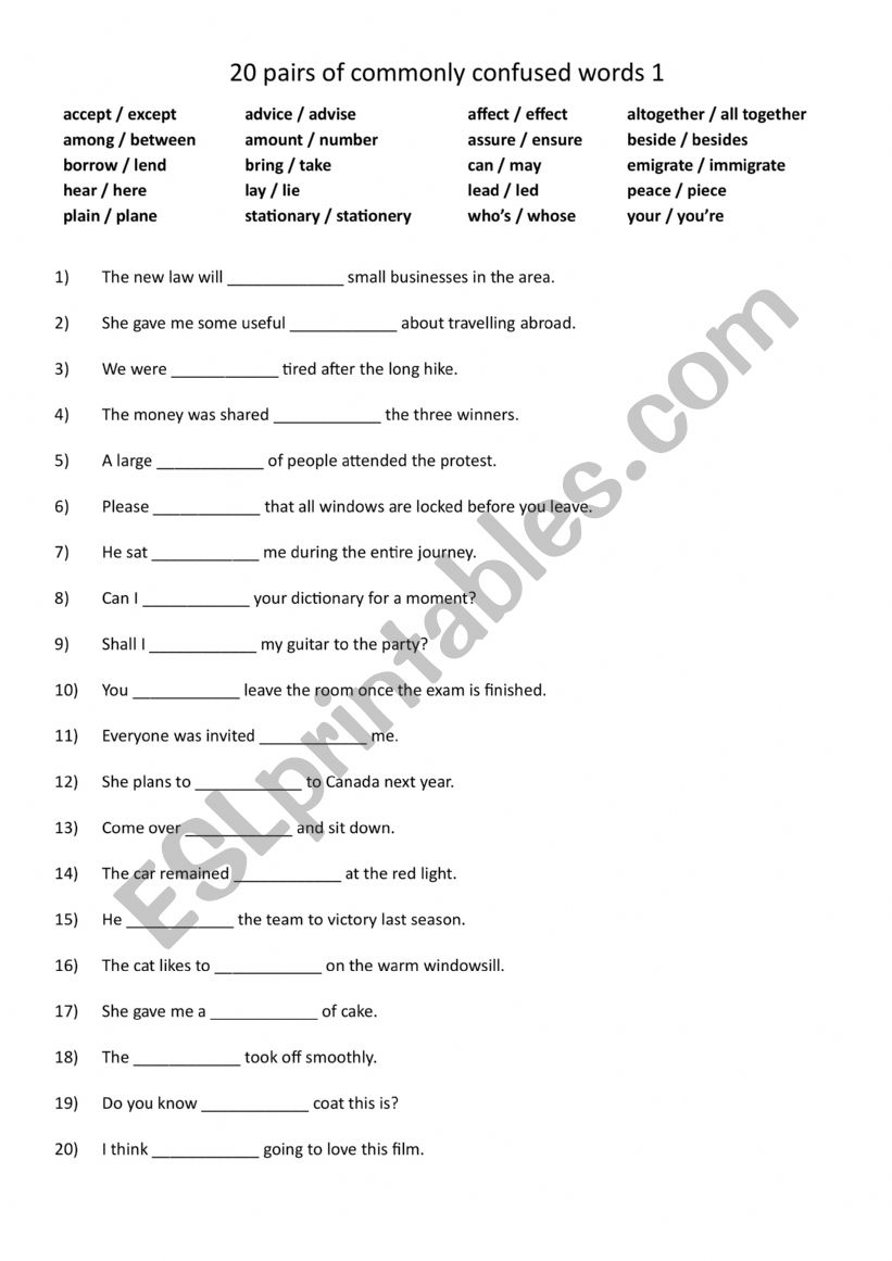 A2-B1 20 pairs of commonly confused words 1 