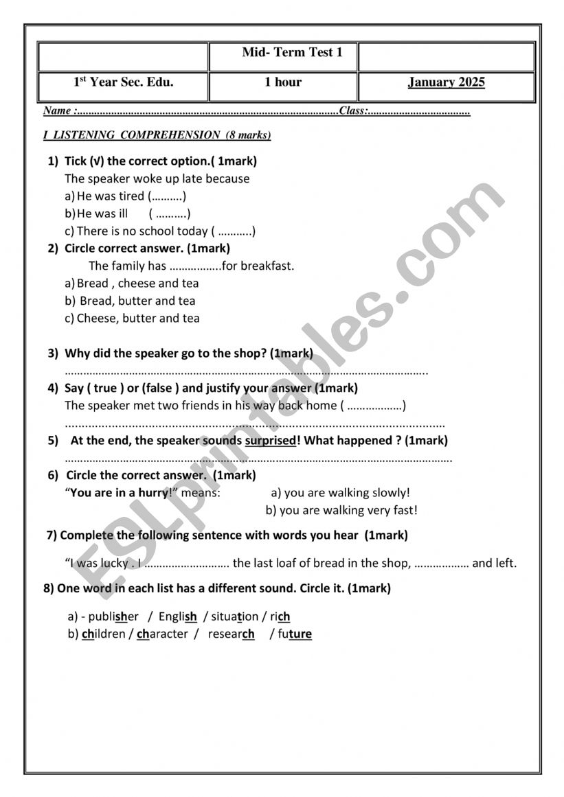 Mid Term Test 2 1st Year Tunisia 2025