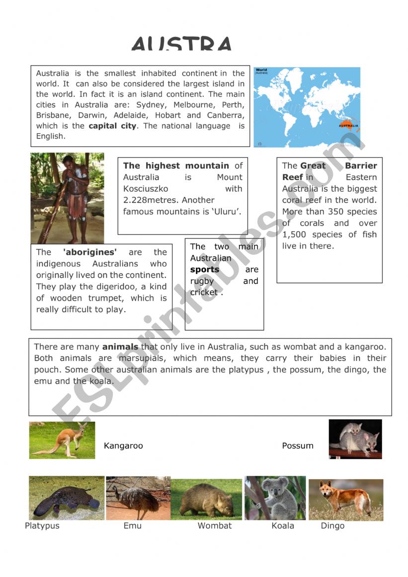 Reading about Australia worksheet