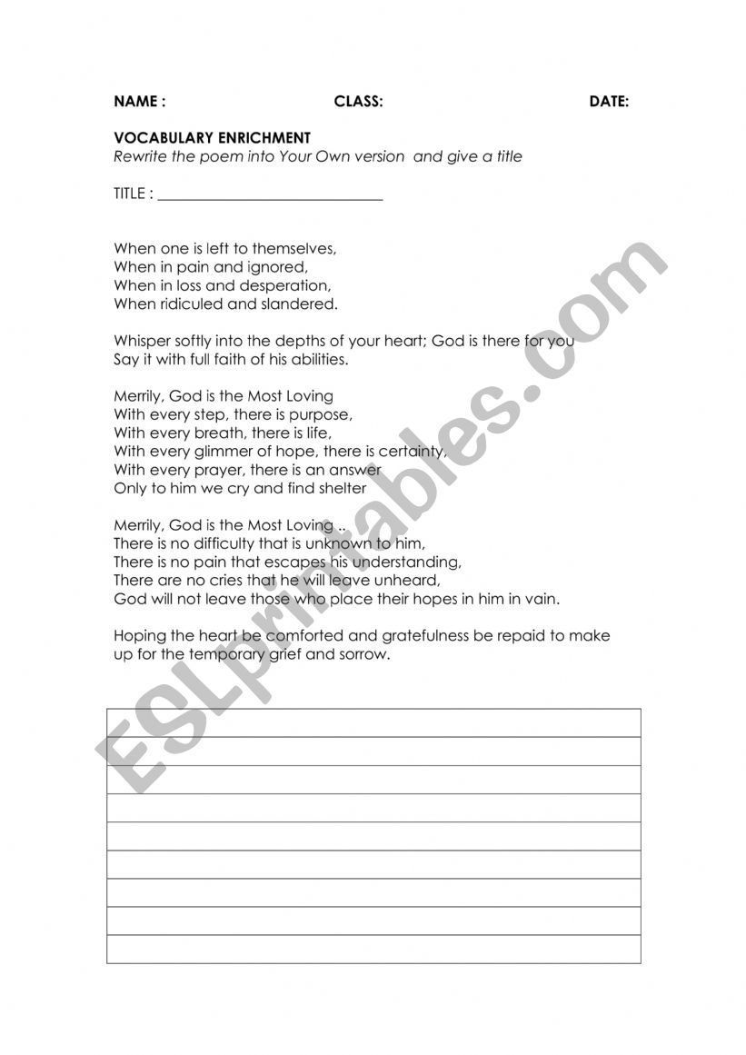 POEM WRITING PRACTICE worksheet