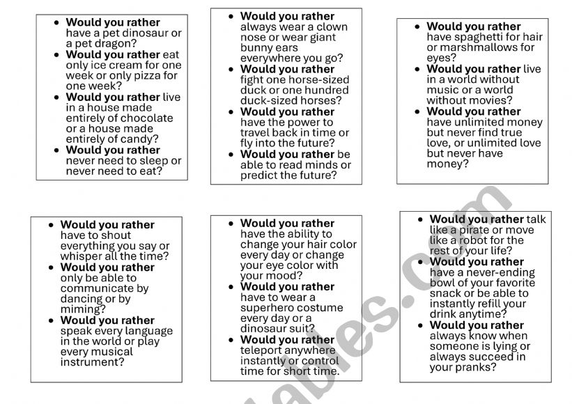 Would rather speaking cards worksheet