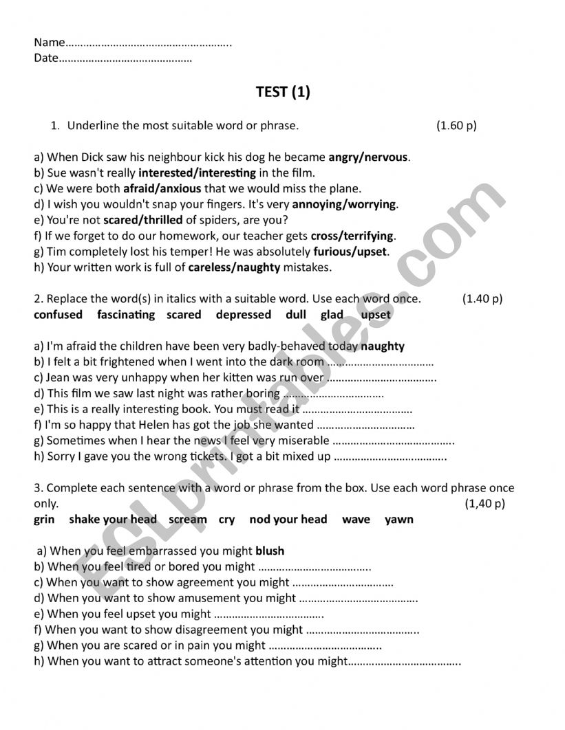 Vocabulary test - Feelings and Emotions