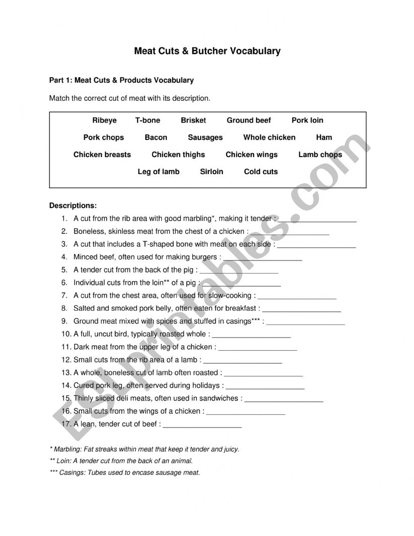 Meat & Butcher vocabulary worksheet
