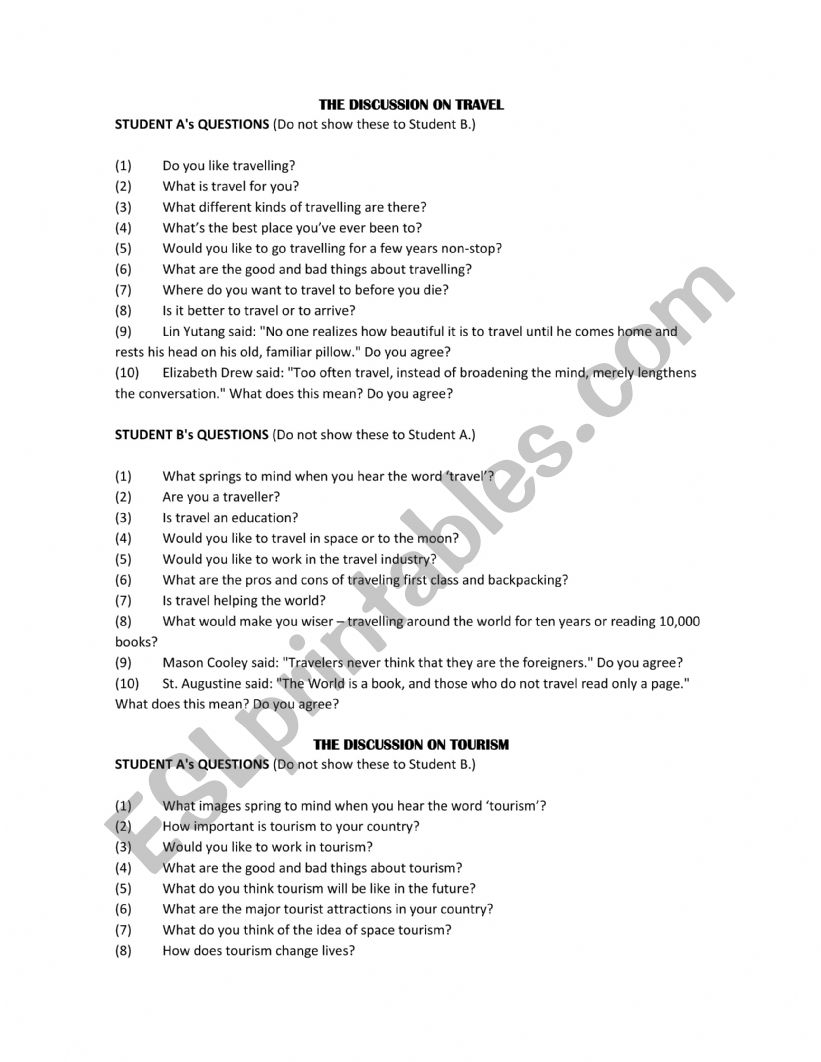 Oral Questions - Speaking worksheet