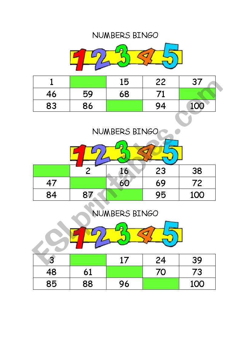 NUMBERSÂ´ BINGO 1-100 worksheet
