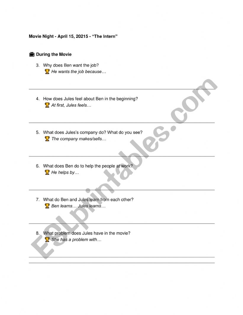 the intern movie worksheet worksheet